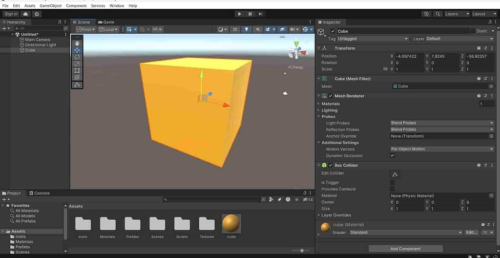 unity scene showing position scalling and rotation of game object