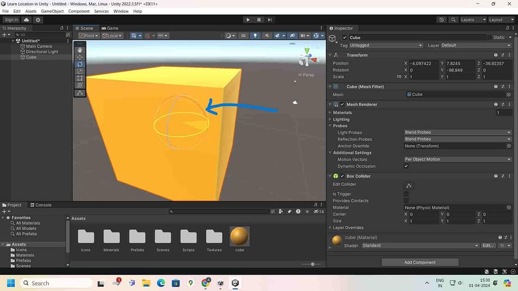 unity scene showing rotation of game object