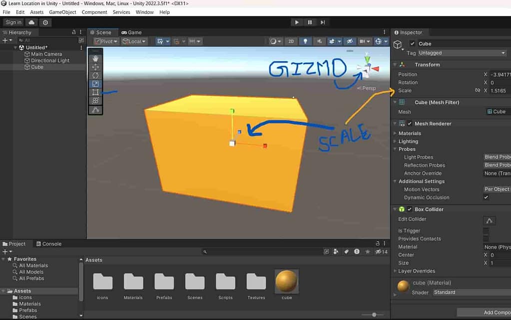 Unity interface showing Gizmo and scalling terms part 7.