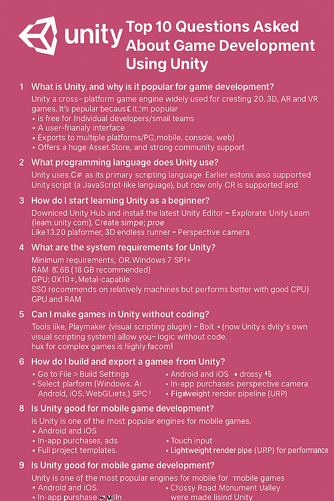 top 10 asked questions on Unity game development